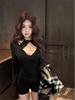 Women's Black Lace-Trim V-Neck Halter Long-Sleeve Slim-Fit Top - Autumn/Winter Fashion, Pure Desire Style