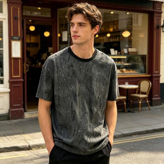 Men Stylish Shabby T-Shirt Loose Fit Casual Tee Sparkling Summer Tee Shirt for Party Holiday Street Wear