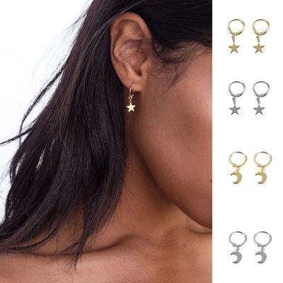 Tiny Moon Crescen Gold Silver Color Ear-cuffs Small Star Charms Huggie Hoop Earring Ear Piercing