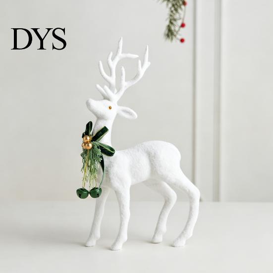 Reusable Tabletop Decoration Pieces White Flocked Elk Ornament, Ribbon Bell Decor 3D Standing Deer Minimalist Ornaments Figurine, Decorative