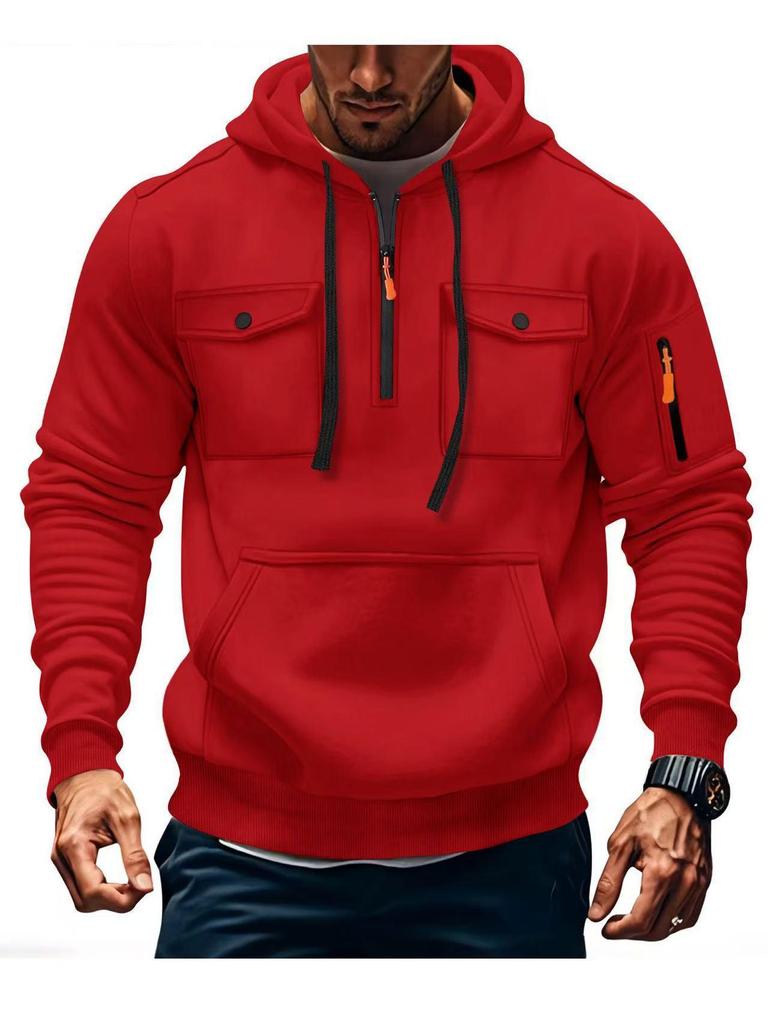Men's Multi-Pocket Fleece Lined Hoodie Jacket - Casual and Versatile for Autumn/Winter