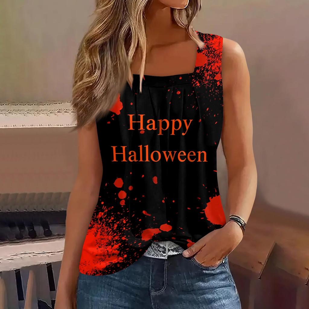 Women Sleeveless Tank Top Square Neck Ruffle Detail Halloween Print Casual Summer Vest Shirt for Daily Wear