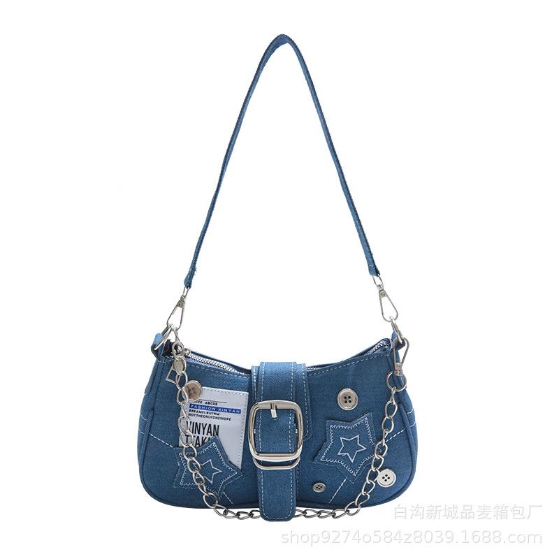 2025 New Vintage American Trend Star Shoulder Underarm Bag Fashion Denim Chain Bag Canvas Crescent Bag