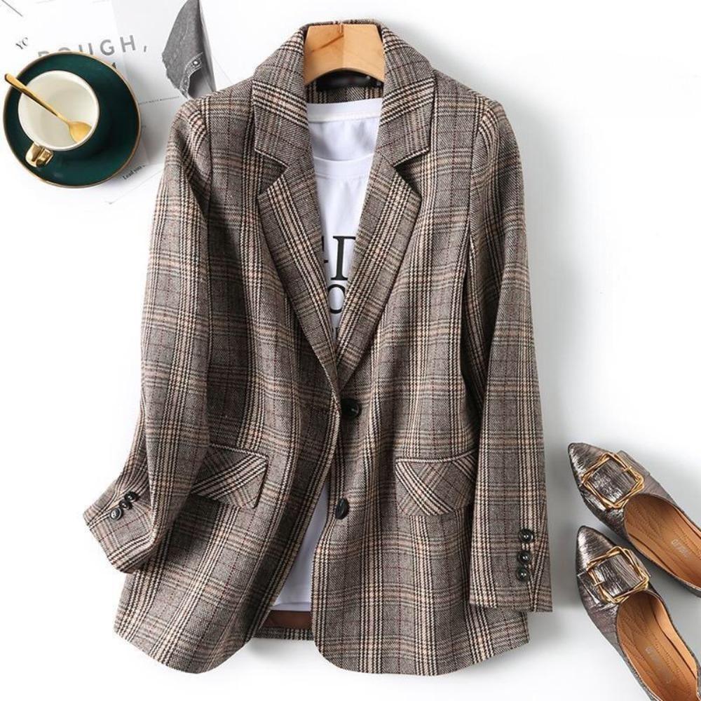 Women's Notched Collar Long Sleeve Blazer Loose Fit Casual Plaid Coat Elegant Office Outerwear