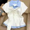 College style contrasting shawl fake two-piece short-sleeved T-shirt women's summer polo design sense chic and beautiful top