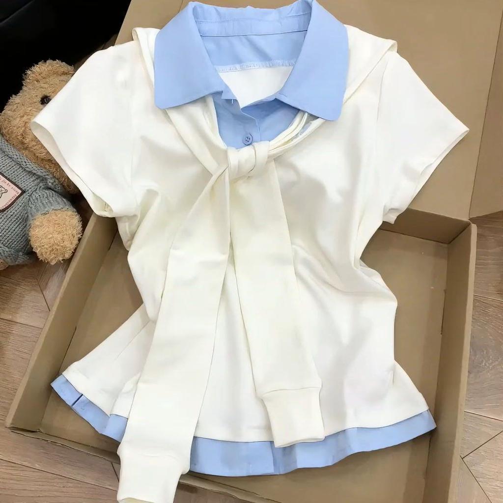 College style contrasting shawl fake two-piece short-sleeved T-shirt women's summer polo design sense chic and beautiful top