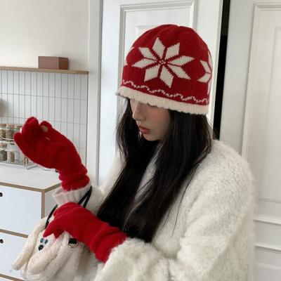 Retro großer Schneeflocken-Jacquard-Strickpullover-Hut Herbst- und Winteratmosphäre warmer vielseitiger Kältehut Mode-Wollmütze