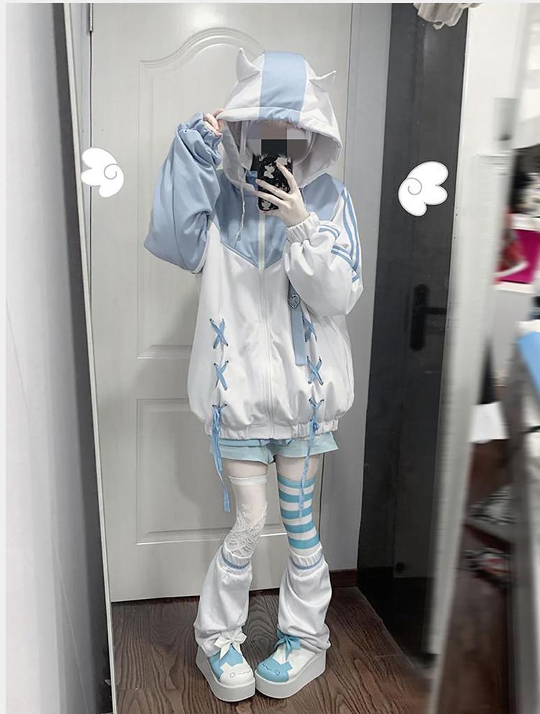 XHSUKADO Yami Kawaii Hoodie with Devil Heart and Ribbon This sweatshirt features a and subculture Perfect for and Available in light blue and Size