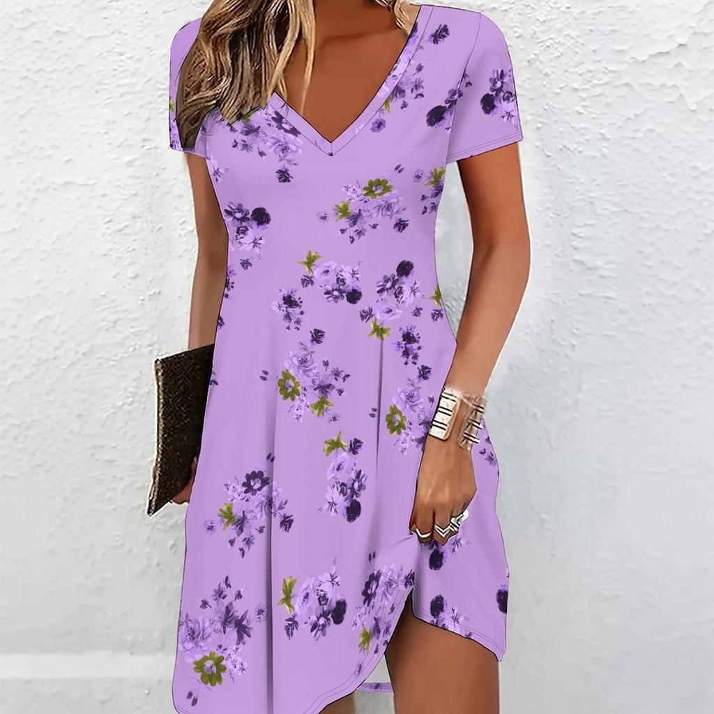 Summer Fashion Women's V Neck Short Sleeve Scattered Flowers Printed Dress Sex Short Skirt Dresses
