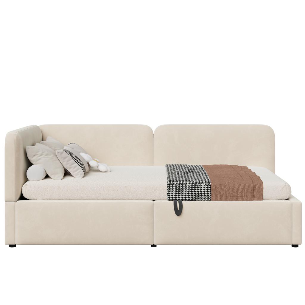 Letto imbottito 90x200 divano letto, velluto, contenitore idraulico, testiera alta, schienale intercambiabile, adatto per bambini e adulti, beige