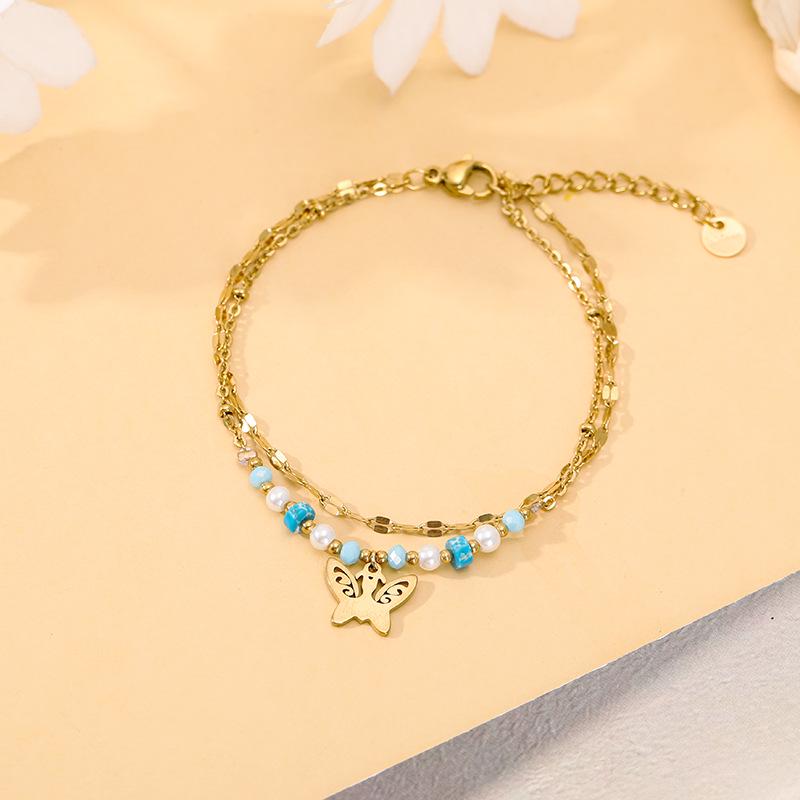 Stainless Steel Butterfly Bracelet: Double-Layer, Light Luxury Design with Natural Stone for Versatile Fashion