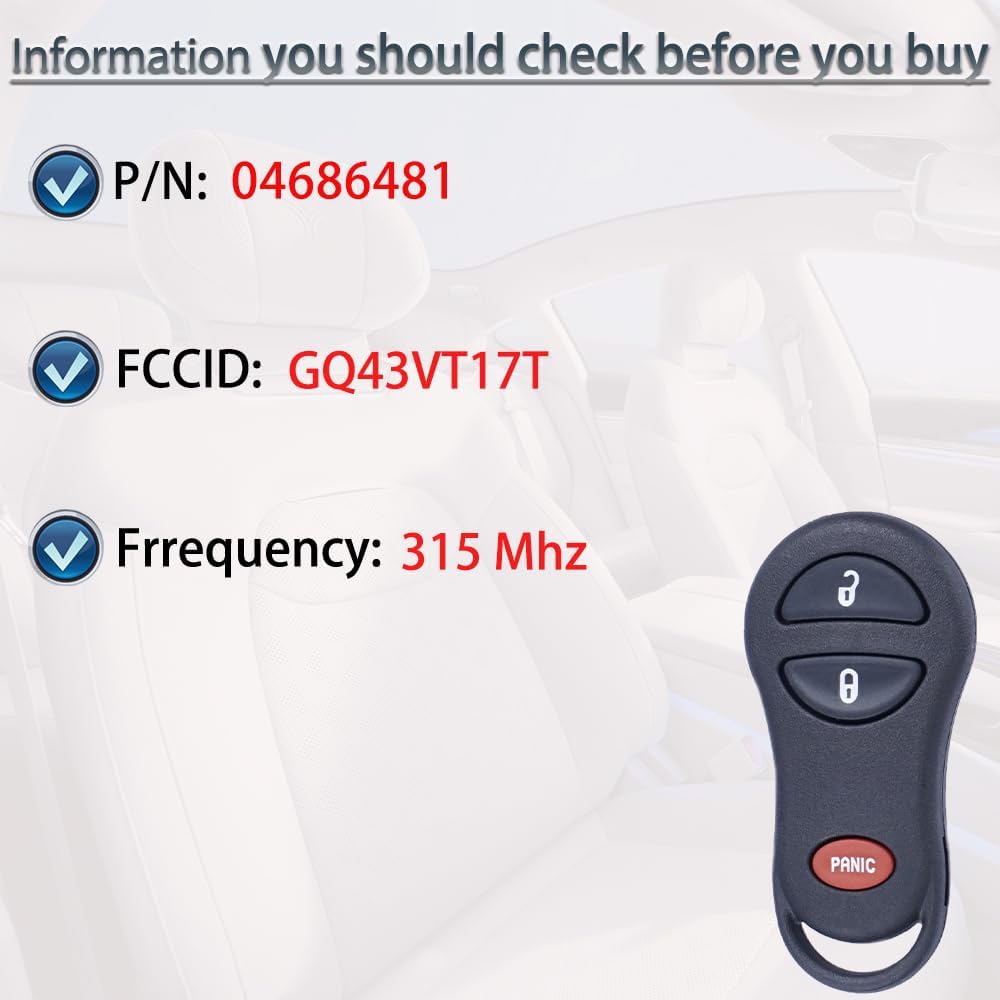 Key Fob Replacement Fits For Dodge Ram 1500 2500 3500 2002-2005, Chrysler Town Country Voyager 1999-2003,Dakota 2001-2004, Durango 2001-2003, Caravan