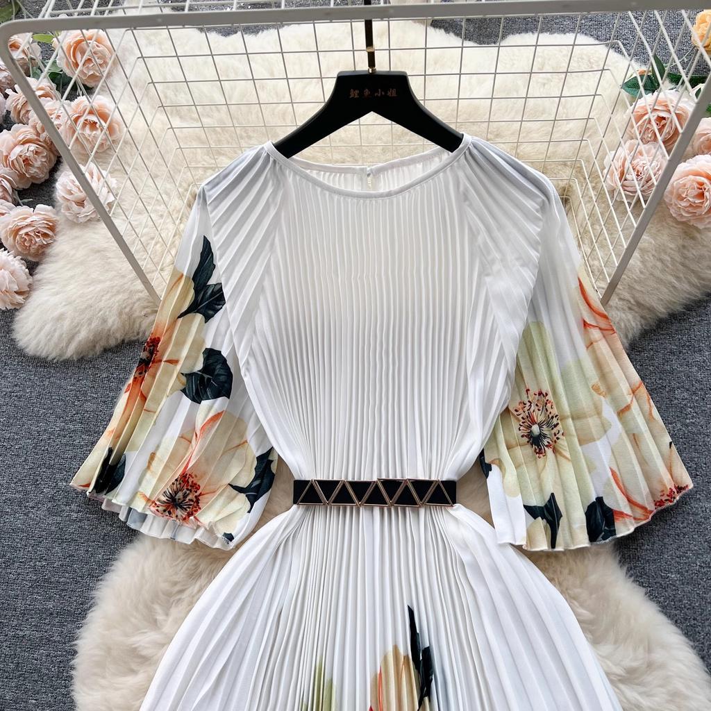 Summer Beach Leopard Print Miyake Oversized Dress Women Clothing Flare Sleeve Belt Big Swing Pleated Loose Long Robe