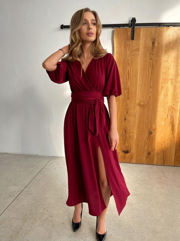 2023 Women's V-Neck Lantern Sleeve Maxi Dress with Waist Tie & Slit