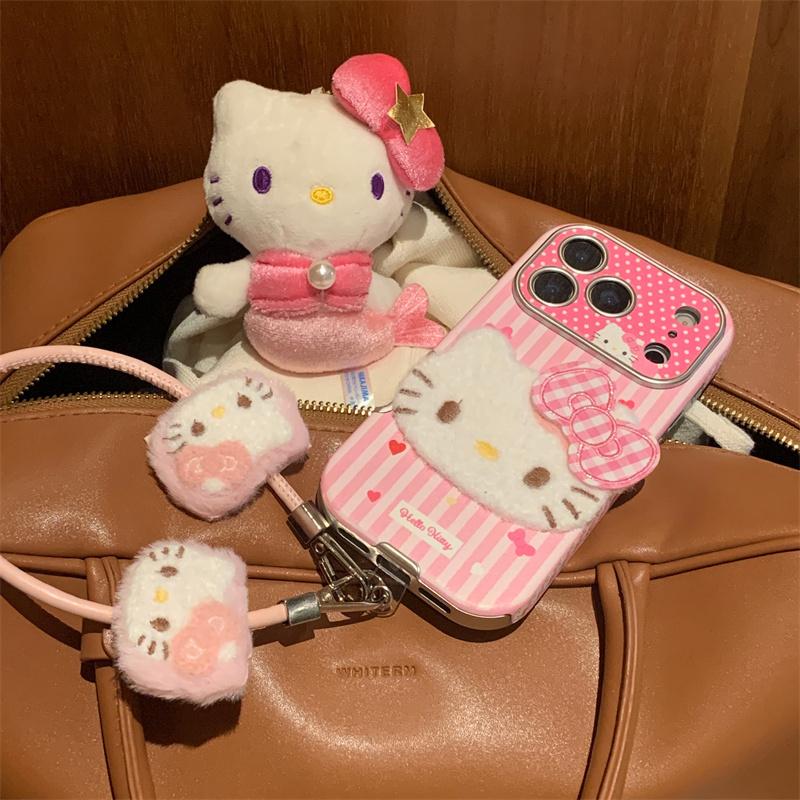 Fashion Pink Stripe Cute Hellokitty Phone Case For iPhone 17 Pro 16 15 14 Pro Max Cover with Hand Strap Shockproof Protective Ca