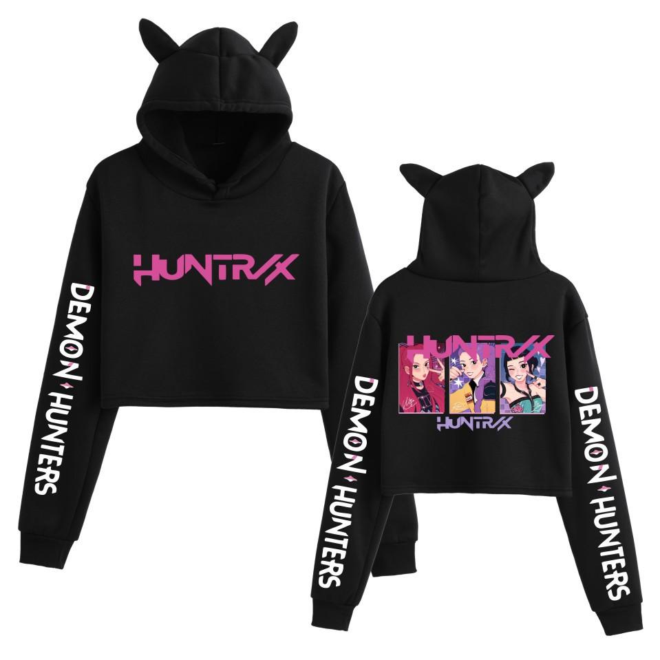 KPop Demon Hunters Group Merch Cute Cat Ear Hoodie Short Cropped Fleece Lined Sweatshirt Women Autumn Winter Graphic Print Clothes