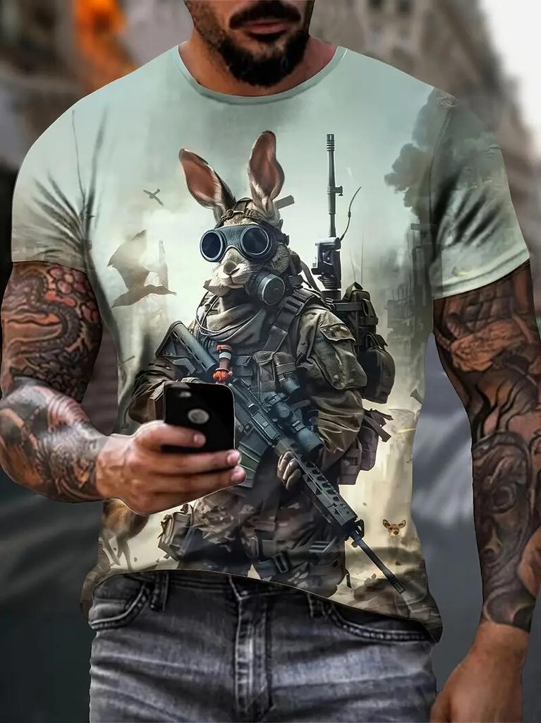Fun Animal Pattern 3D Printed T-shirt for Men, Loose Fitting Harajuku Round Neck Clothing, Summer Fashion Casual Short Sleeved Tops