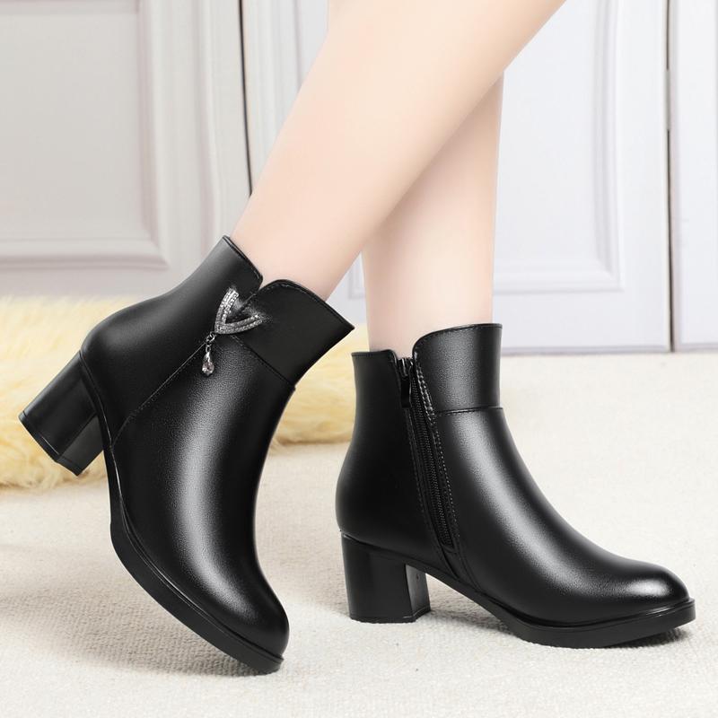 Frauen Stiefel Winter Mode Anti-Rutsch Frauen Stiefeletten Mid Heel Natürliche Wolle Echtes Leder Schnee Stiefel Damen