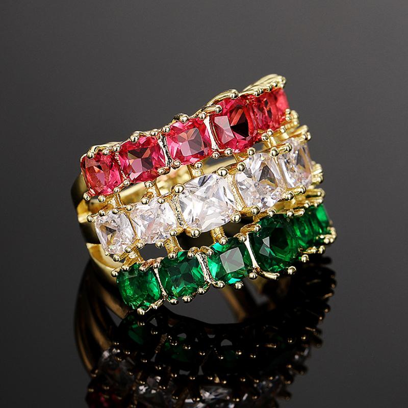 Huitan Three-layers Red/White/Green Cushion Cubic Zirconia Women Rings Luxury Gold Color Wedding Band Accessories Trendy Jewelry