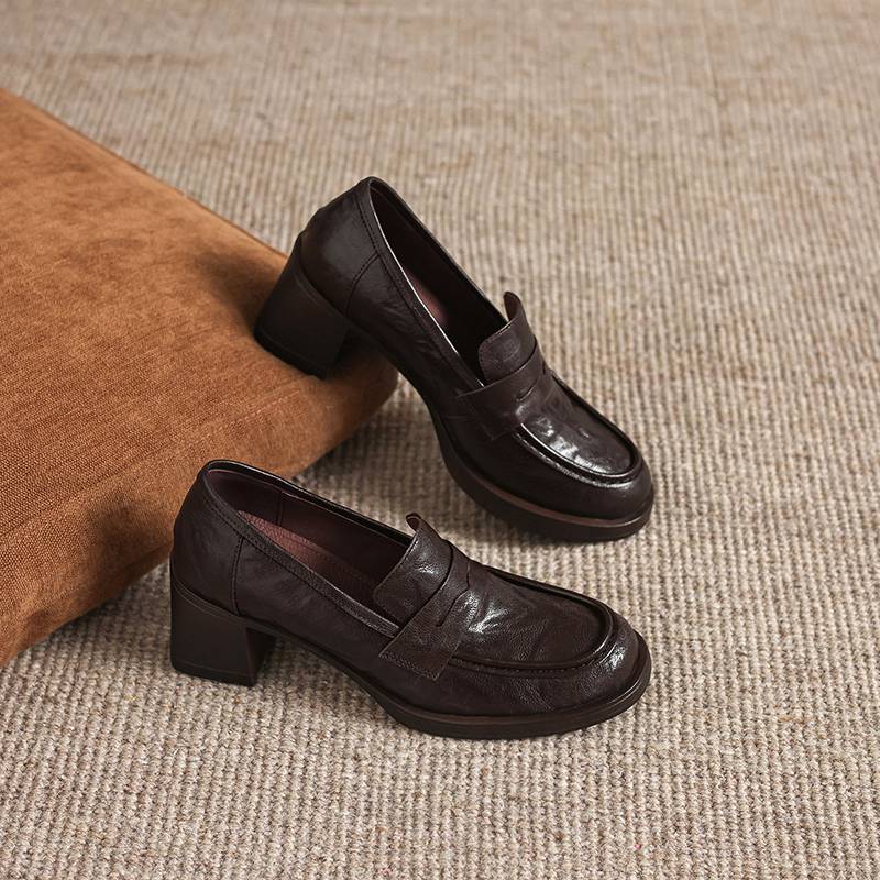 Krazing Pot Sheepskin Round Toe Thick Med Heels Spring Shoes Slip On Big Size 42 Loafers Women Platform Pumps