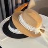 New Lace Bow Pearl Straw Hat Women's Summer Sun Hat Seaside Sun Protection Beach Hat Flat Top Hat