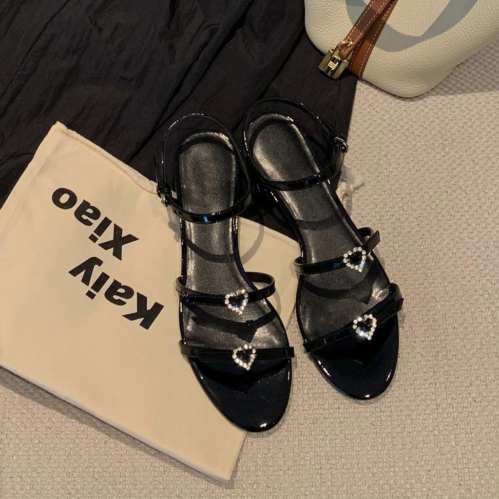 Sheepskin Version~ French Rhinestone Love Buckle Flat-soled Sandals for Women's Summer Versatile Round Head with Thick Heels and Cool Slippers