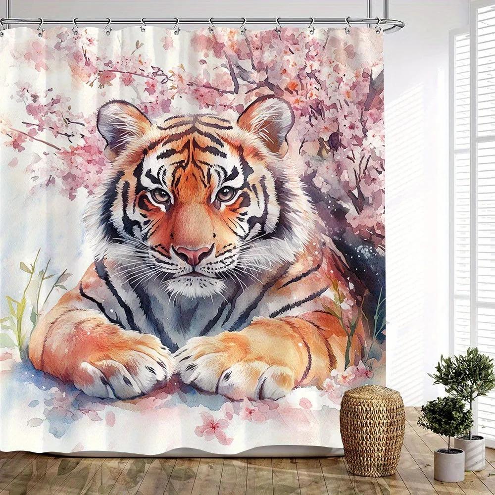 1Pc Majestic Tiger & Cherry Blossom Shower Curtain - 70X70 Inch, Orange Black Stripes, Green Eyes, Pink Flowers, Watercolor Styl
