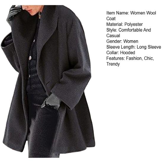 Women's Wool Blend Trench Coat Hooded Single-Breasted Pea Coat Fall Winter Thick Warm Jacket Casual Mid-Long Overcoat