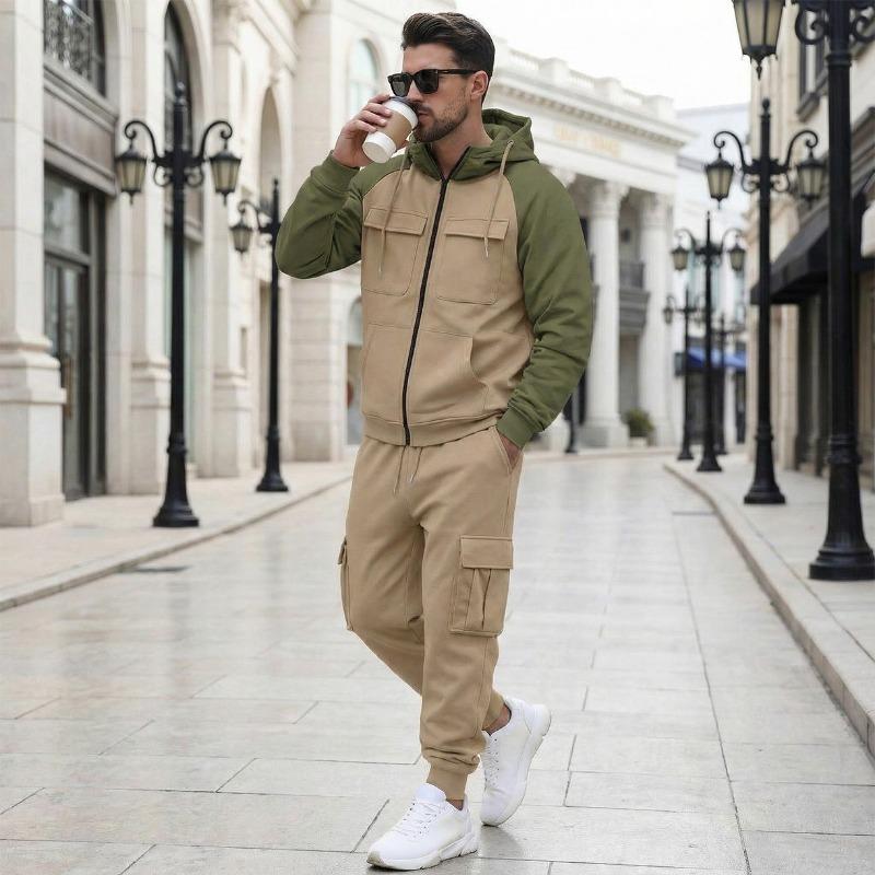 

Mens Casual Color Block Zip Up Hoodie Cargo Joggers Tracksuit Set S хакі