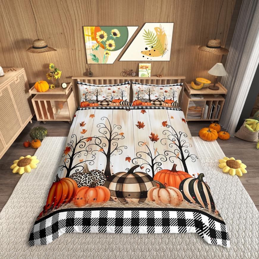 Homewish Fall Pumpkin Duvet Cover SetAutumn Theme Bedding SetOrange Truck Bed Set For AdultsBreathable Home Decor