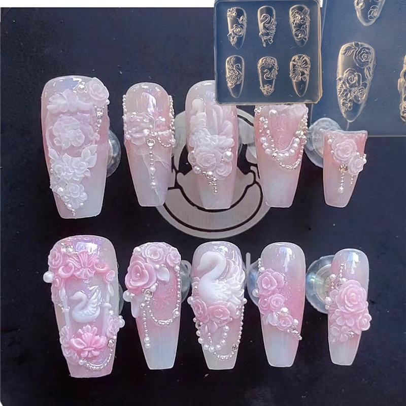 Lace Bow Strawberry 3D Silicone Mold DIY Nail Art Decor Cartoon Rabbit Flower Transparent Mold Manicure Design Tool