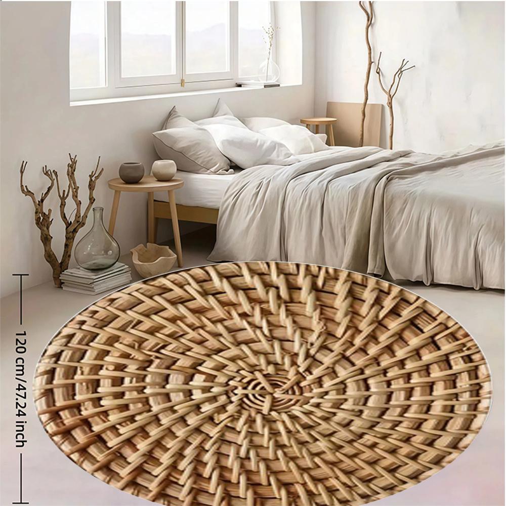Tappeto Rotondo in Rattan Intrecciato Stile Boho Naturale Tappeto in Flanella per Soggiorno Camera da Letto Spazio Yoga Meditazione Eco-Friendly Casa