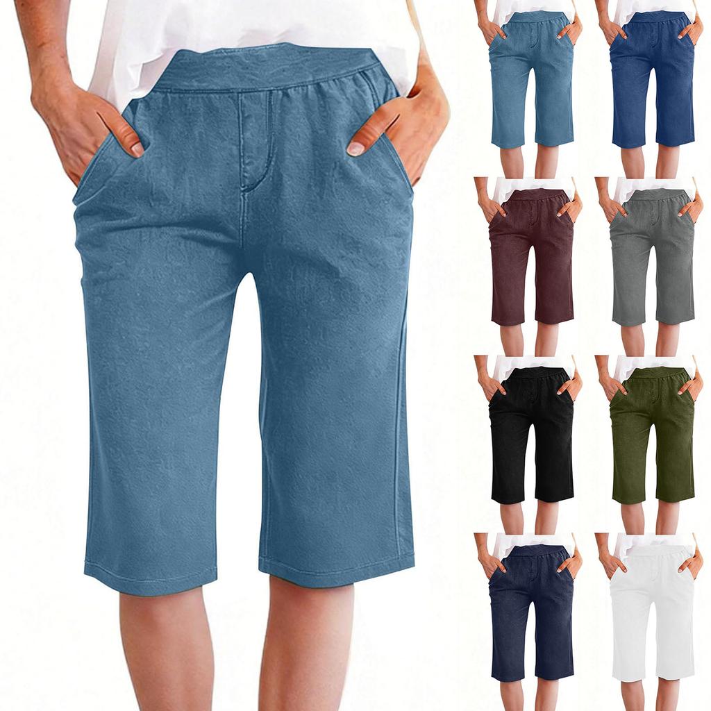 Pantaloncini casual da donna al ginocchio, vestibilità larga, vita elasticizzata con tasche, tessuto leggero e traspirante per l'uso quotidiano