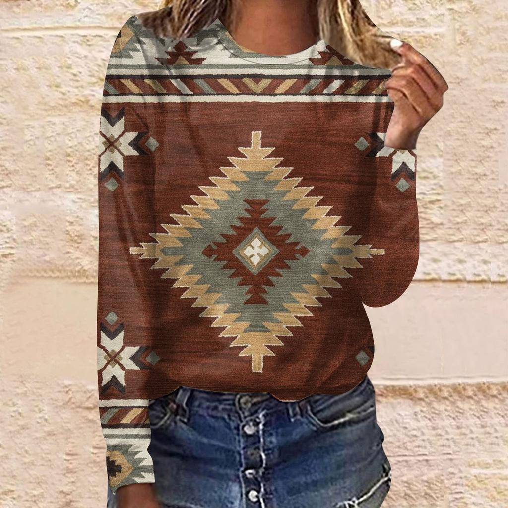 Women's Casual Fashion Ethnic Print Long Sleeve O-Neck Pullover Top