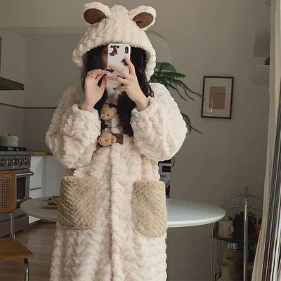 Damehette Coral Fleece Bjørn Nattkjole - Varm og Koselig Plysj Lang Badekåpe
