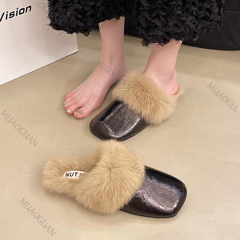 Women's Furry Mules Slippers Casual Outside Wear Flat Bottom Comfortable Baotou Half Slipper Plush Warm Winter New Cotton Slides