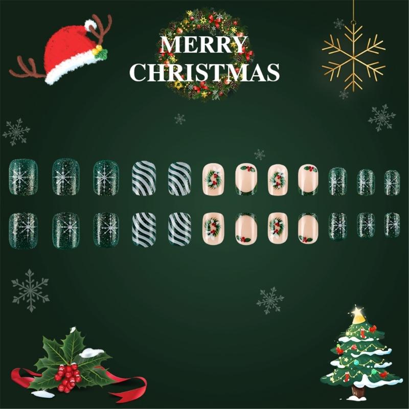 24 Pcs Christmas Press On Nail Wreath Stick On Nail Glittering Stripes Acrylic Nail Short Full Cover False Nail