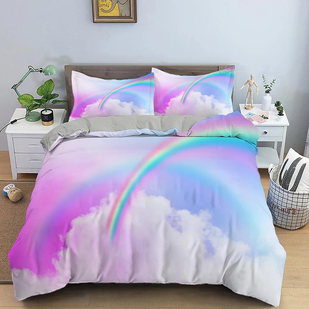 Rainbow Duvet Cover Purple Sky for Girls Women Romantic Gifts Clouds Cartoon Style Quilt Cover Bedroom Decorations Queen Size