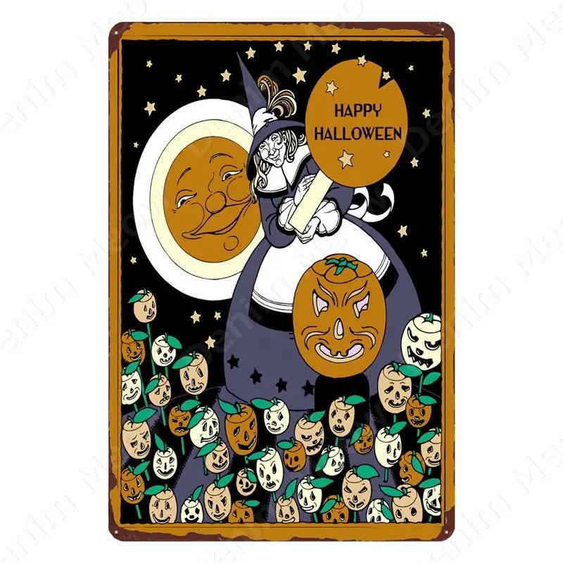 Halloween Party Vintage Metal Tin Sign Trick or Treat Home Bedroom Club Wall Decor Pumpkin Monster Poster Door Decorati