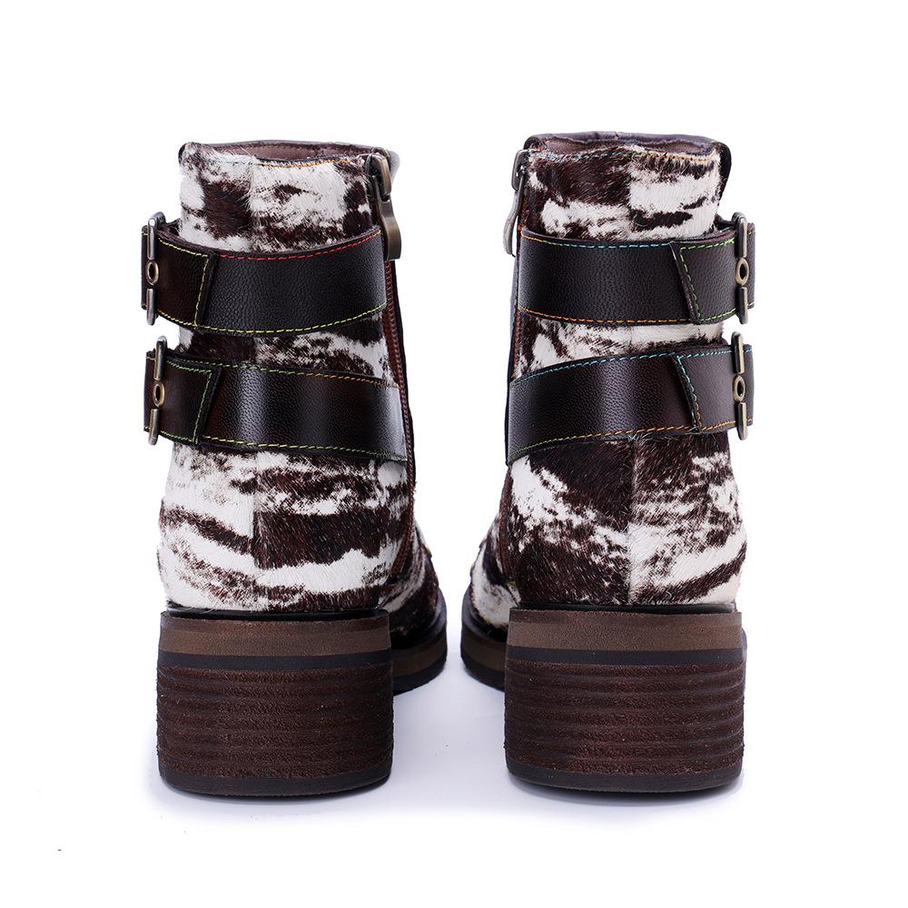 Johnature Genuine Leather Horsehair Patchwork Short Boots Retro Rivet Thick Heel Women's Boots