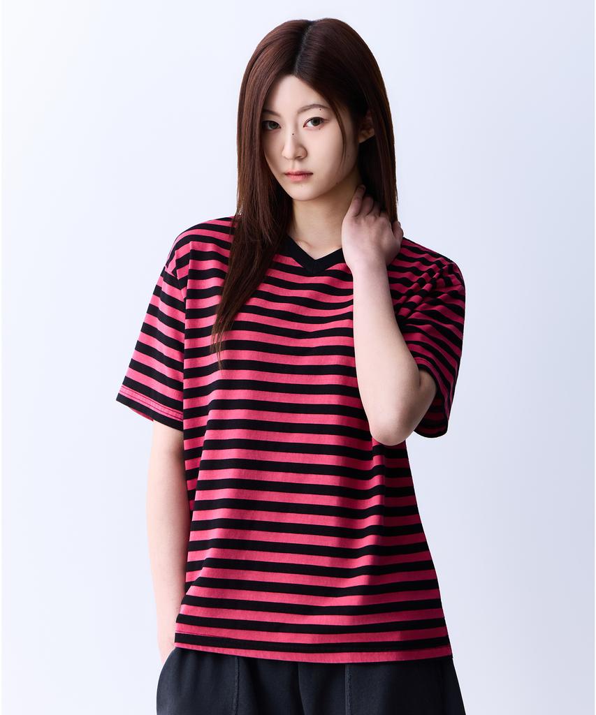 ADERNM Summer Daily Big Stripe Crop V-Neck T-Shirt Pink