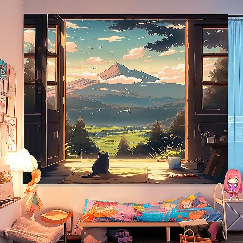 Charming Anime Window View Tapestry Scenic Landscape Design Ideal for Bedroom or Living Room DecorLarge Wall Hanging Artwork