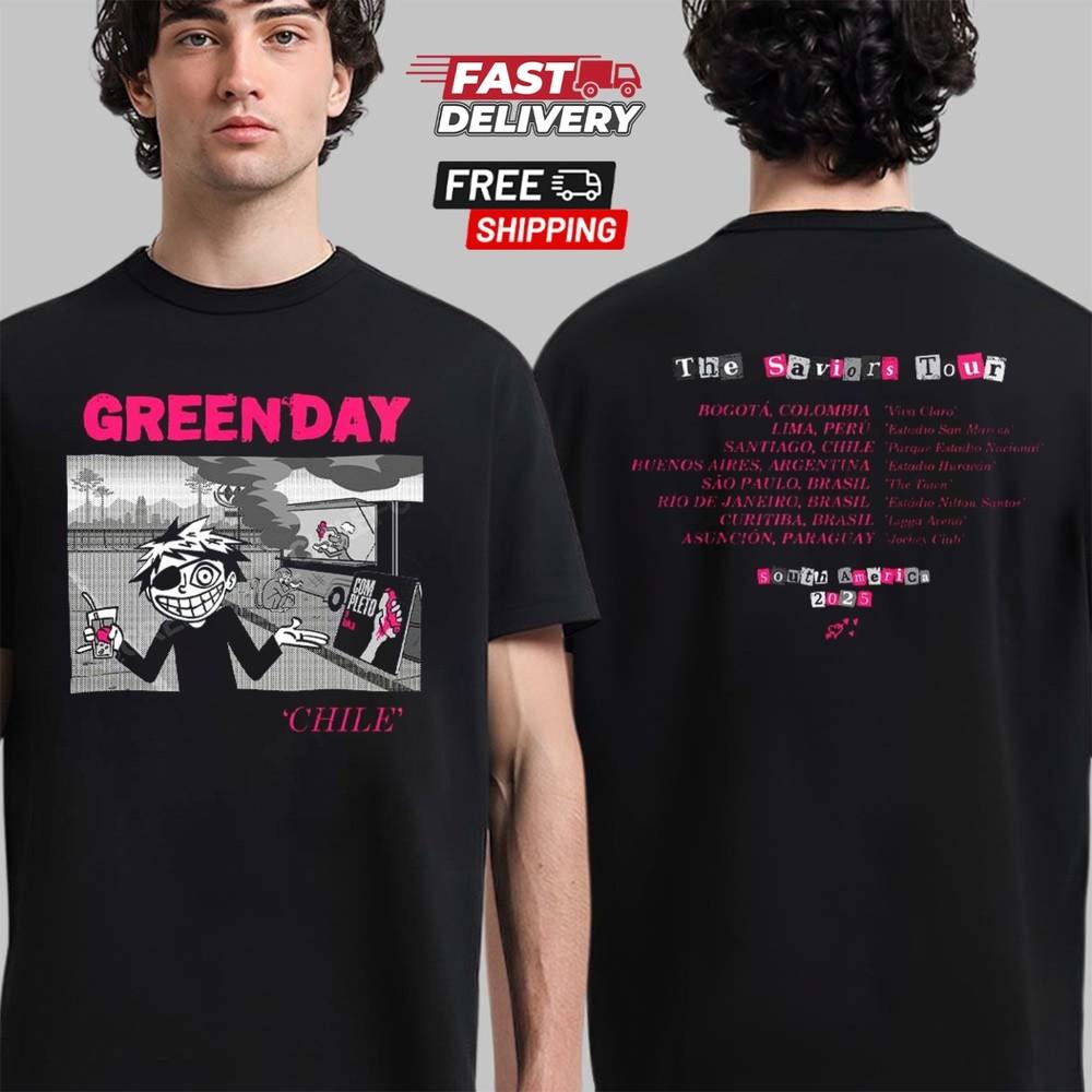 Green Day Чили The Saviors Tour Южная Америка 2025 Двусторонняя футболка Унисекс футболка XL