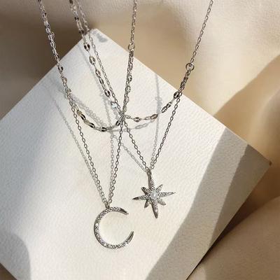 New 925 Sterling Silver Necklace Moon Star Shape Woman Pendant Simple Style Charm Choker Birthday Gift Exquisite Jewelry
