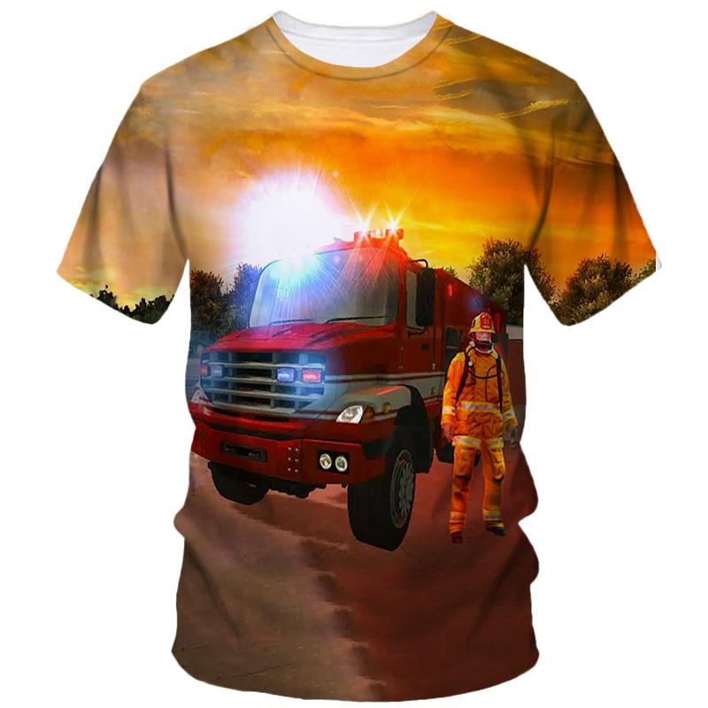 Firefighter Pattern Print Tough Guy Style T-shirts Summer Men's Short Sleeve T-Shirt Street Personality Creative Fashion Loose Casual Top