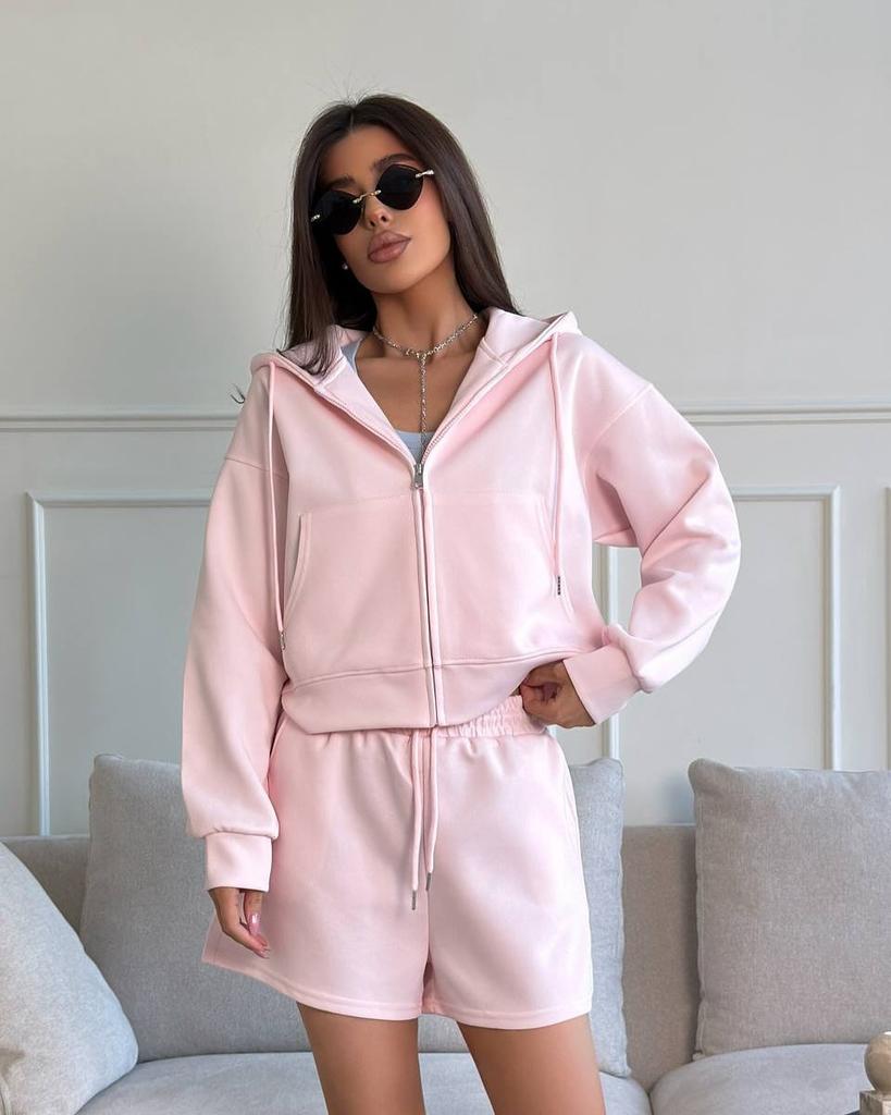 Casual European and American women's sports set, solid color long-sleeve zip-up cardigan, tie-up shorts, two-piece set