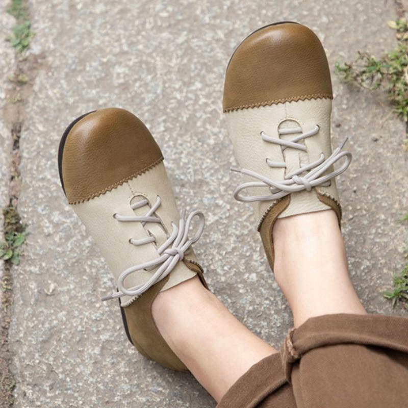 Johnature Cowhide Mixed Colors Casual Flats Comfortable Retro Genuine Leather Lace Up Versatile Women's Shoes