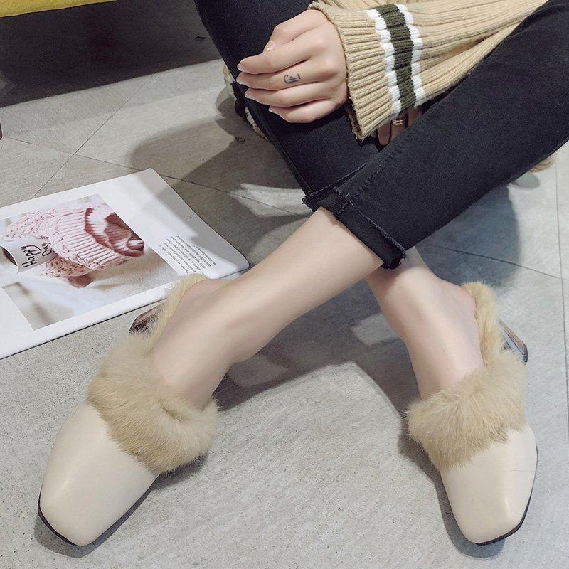 Women's Warm Furry Slippers Women's Shoes Winter Pointed Toe Luxury Furry Square Heel Women's Indoor Slippers