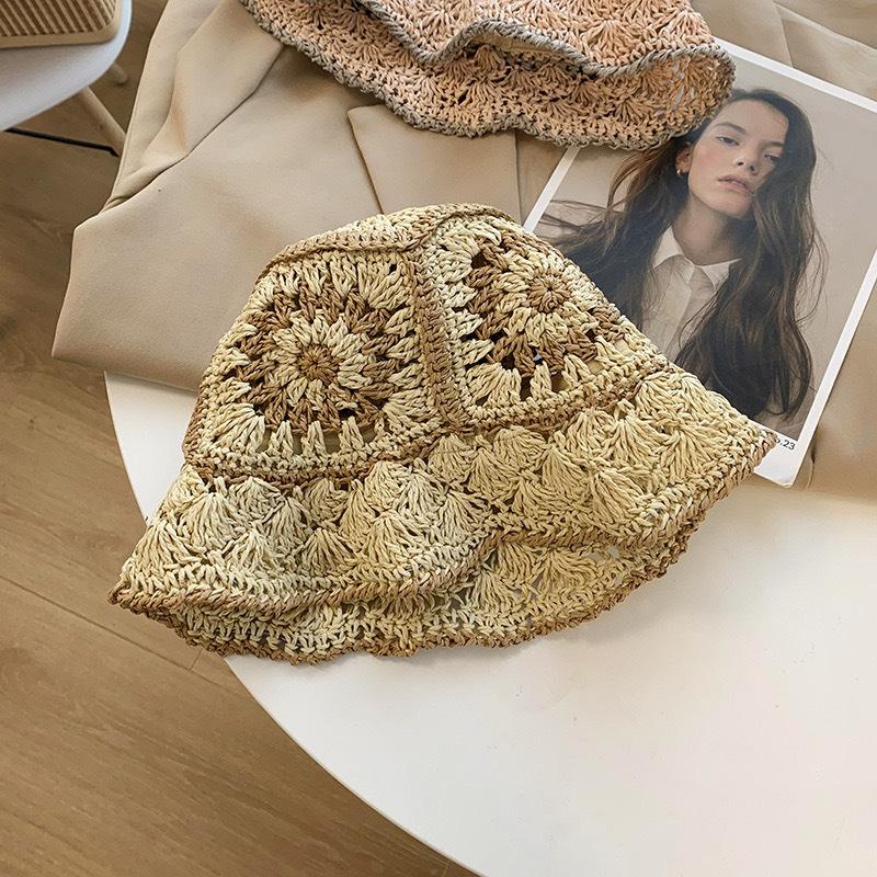 

Цветочная плетеная шляпа-ведро женская летняя полая шляпа-ведро с открытым лицом, дышащая ветрозащитная шляпа hyunya M（56-58cm） бежевый