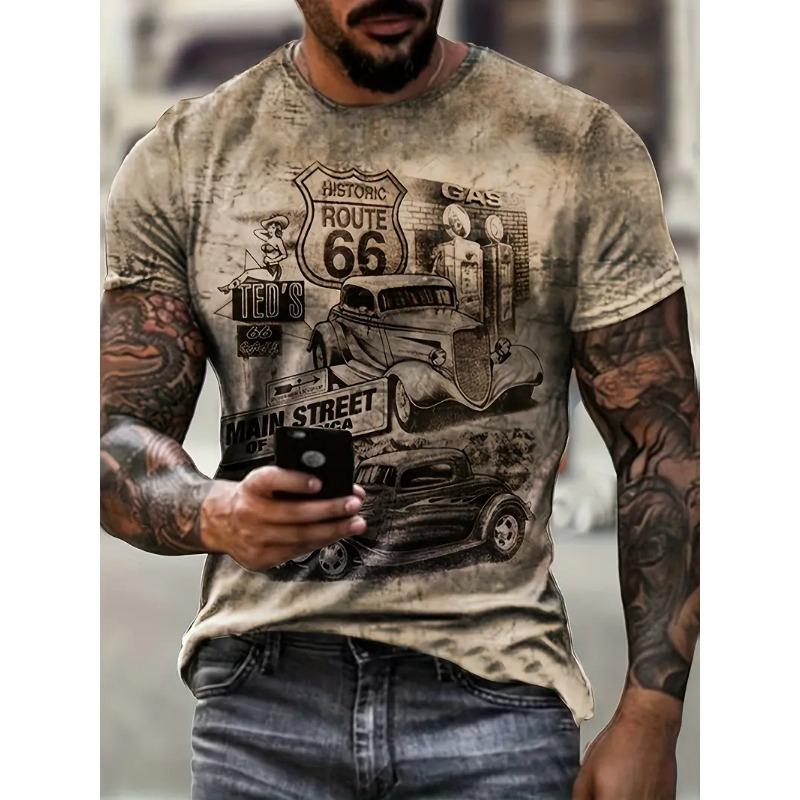 Retro Amerika Route 66 3D-tryckta herr-t-shirts Vintage lös herrkläder Sommar Rund hals Kort ärm Unisex Toppar T-shirts 4XL